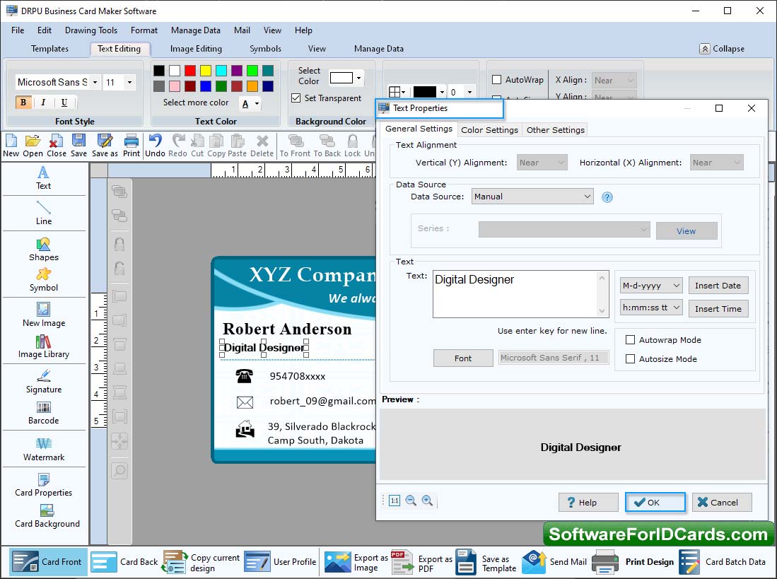 Business Cards Designing Software Text Properties